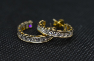 14K Gold Hoop Earrings with Square Clear Stones